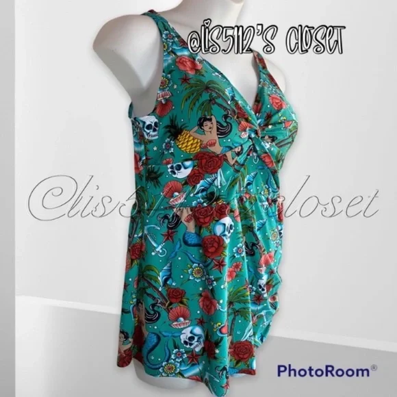 Torrid Aqua Tattoo Print Wireless Asymmetrical Swim Dress Swimsuit 2X 18 20